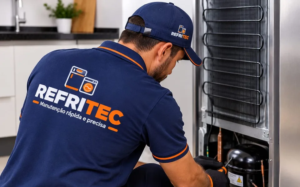 Técnico da Refritec consertando o compressor de uma geladeira