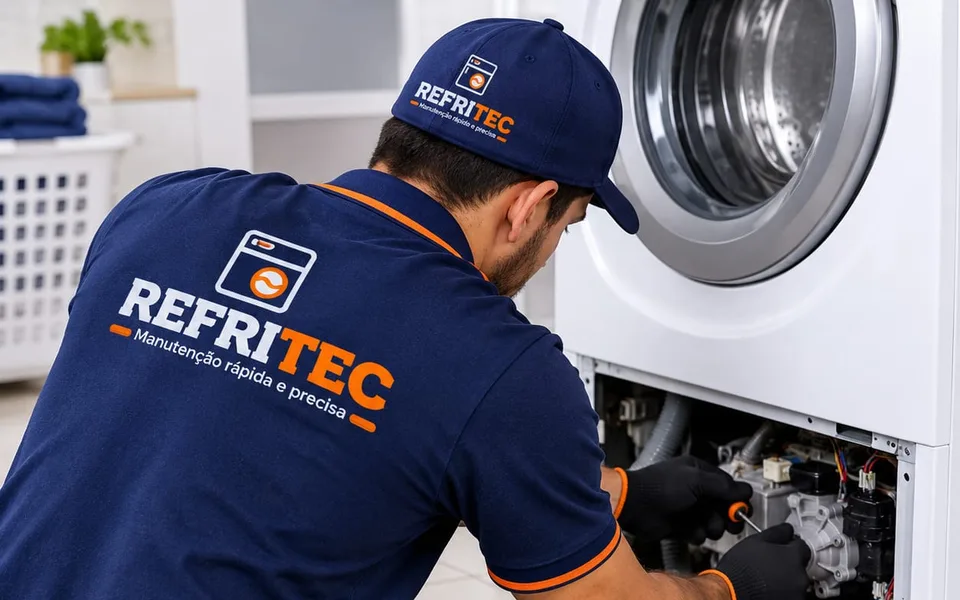 Técnico da Refritec consertando uma máquina de lavar